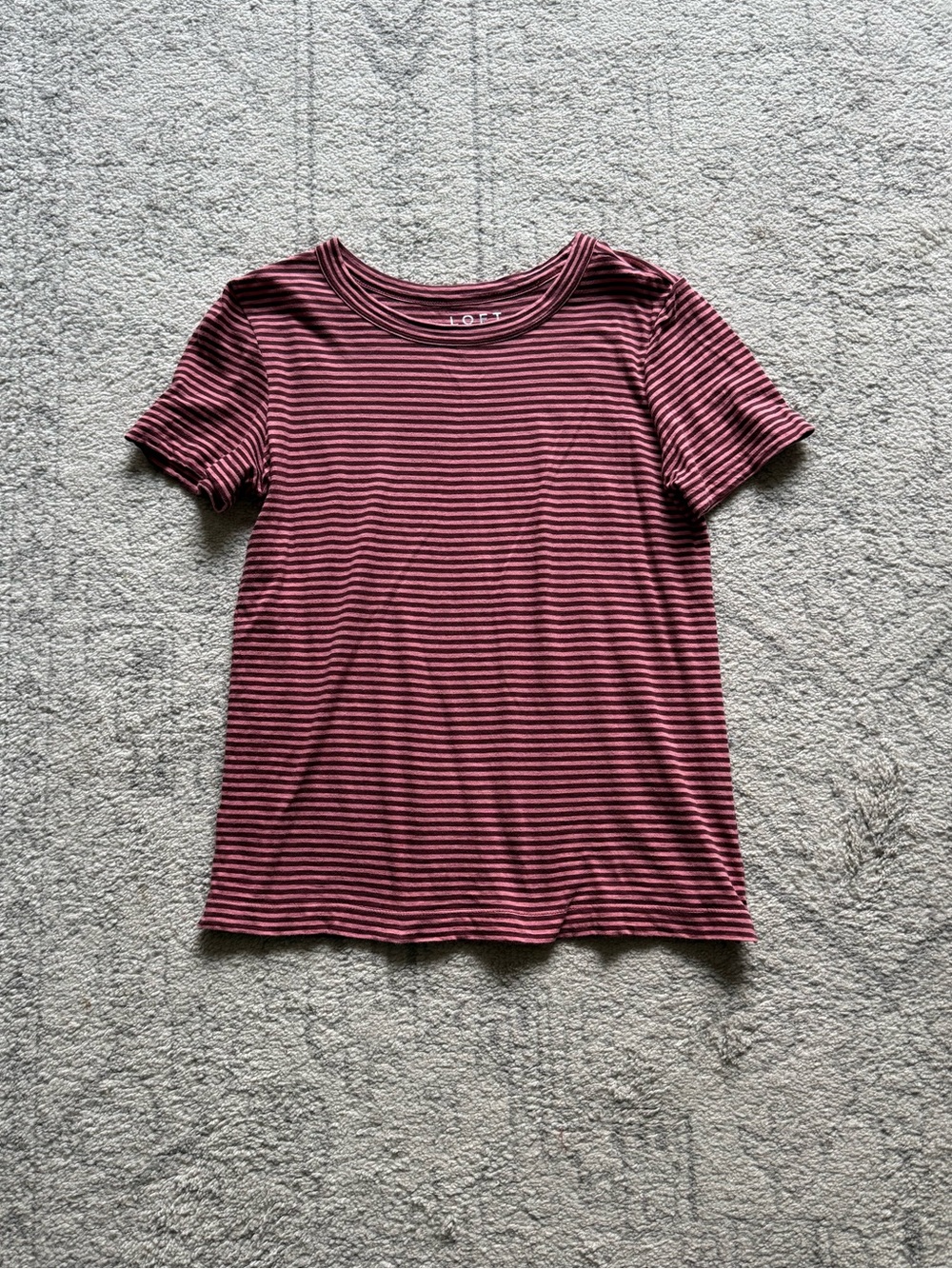 LOFT Size Small Burgundy and Black Striped Short Sleeve Tee